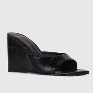 Black Suede Studio Paloma Leather Wedge Heel Sandals
